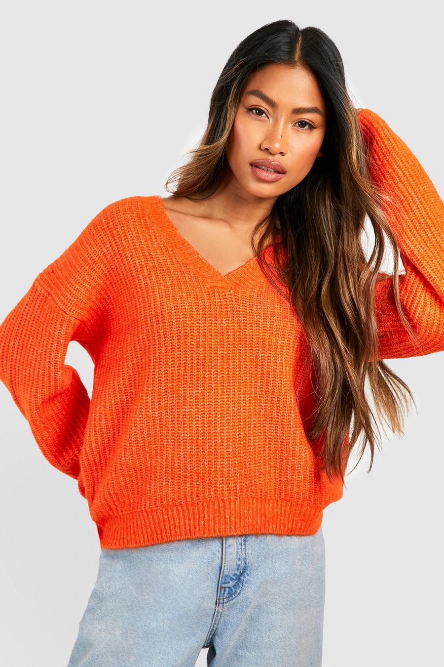 Orange Soft Fisherman Knit V Neck Jumper image number 1