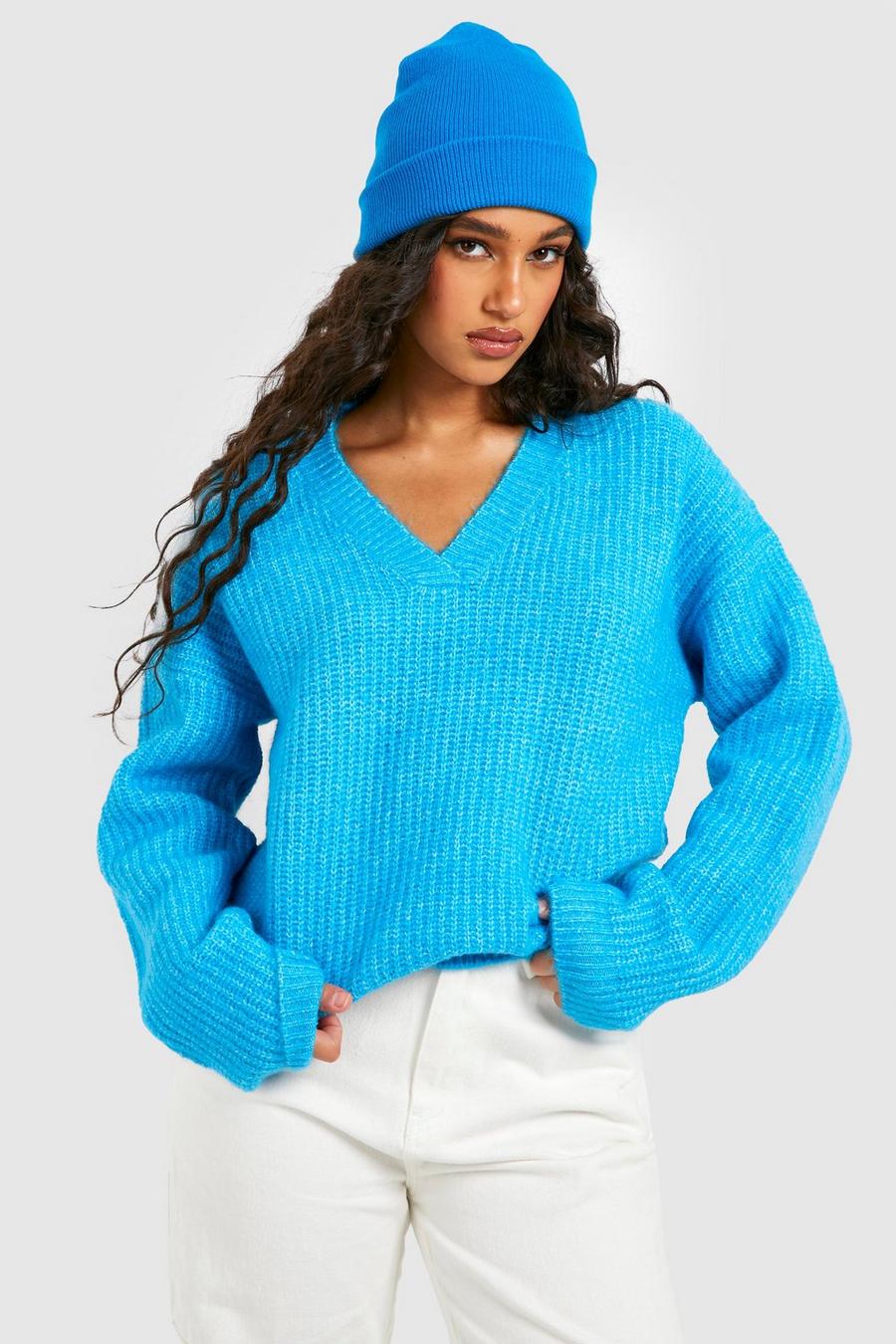 Turquoise Soft Fisherman Knit V Neck Jumper image number 1
