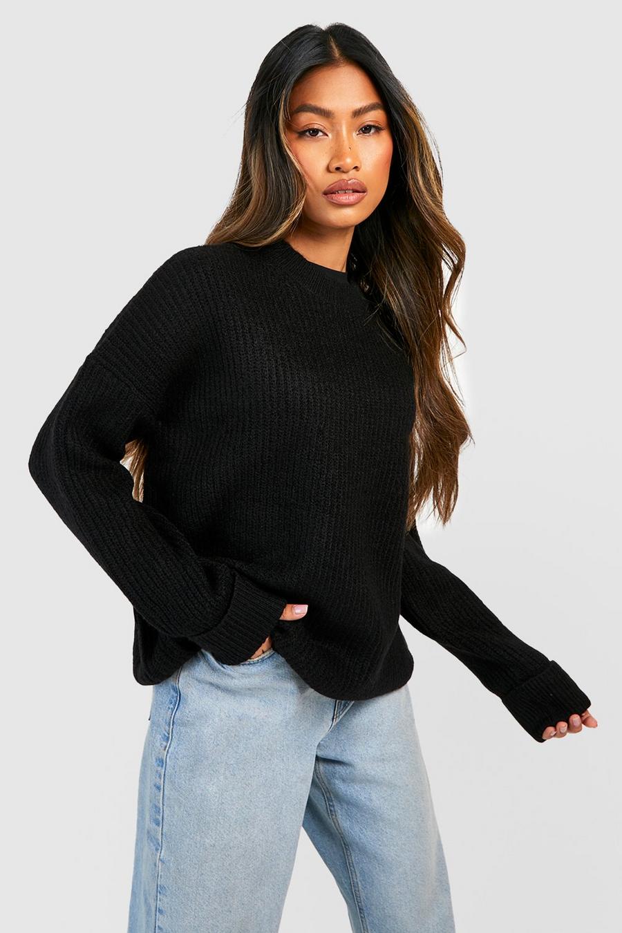 Black Turn Up Cuff Soft Knit Fisherman Knitted Jumper image number 1