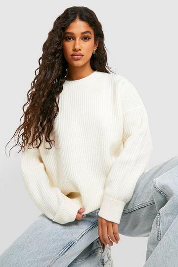 Stone Beige Turn Up Cuff Soft Knit Fisherman Knitted Jumper