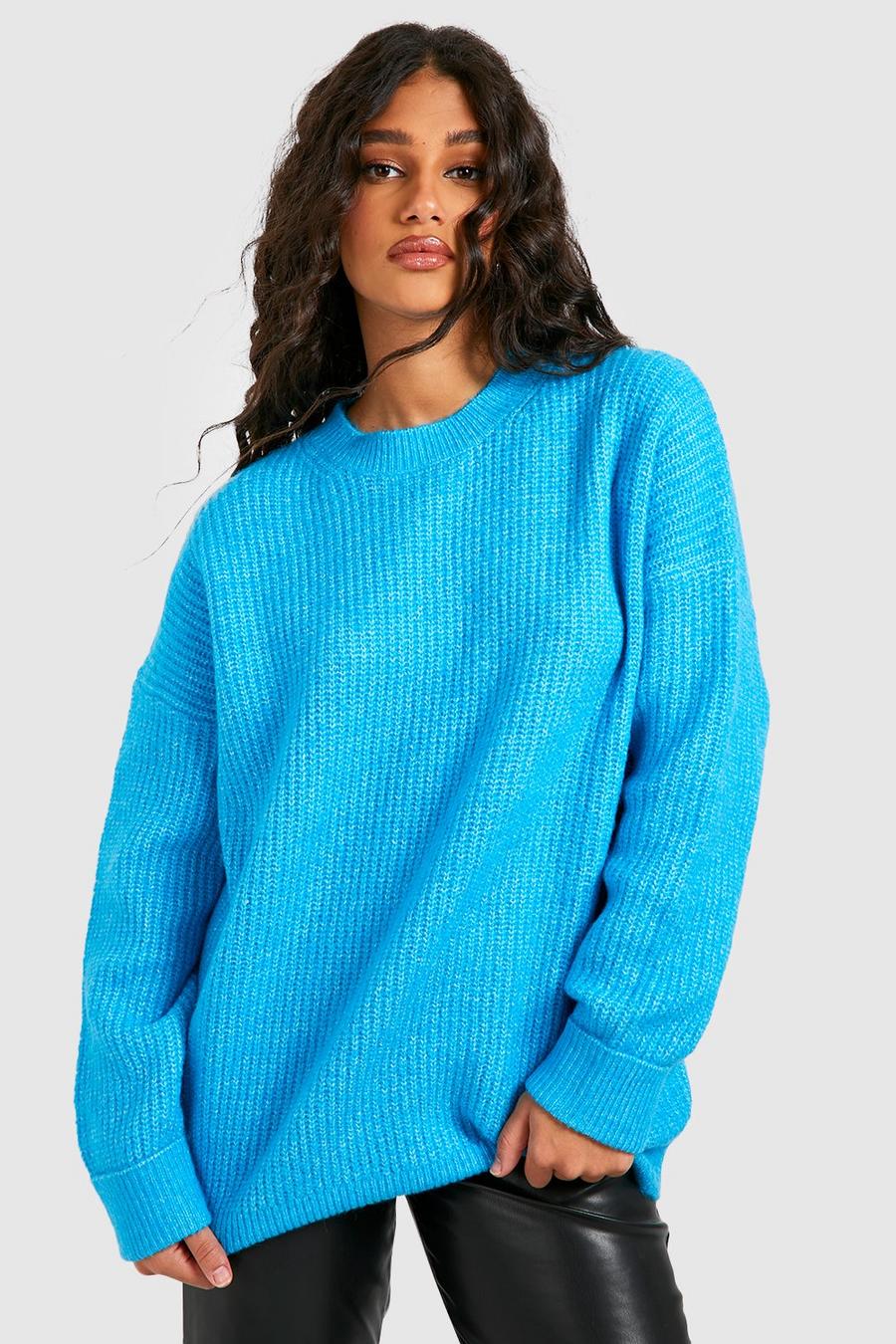 Turquoise blau Turn Up Cuff Soft Knit Fisherman Knitted Jumper