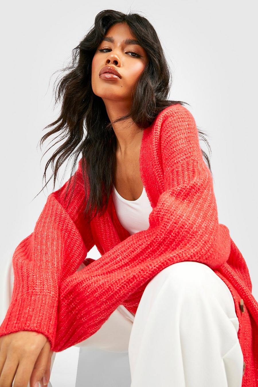 Red Heavy Knitted Longline Cardigan image number 1