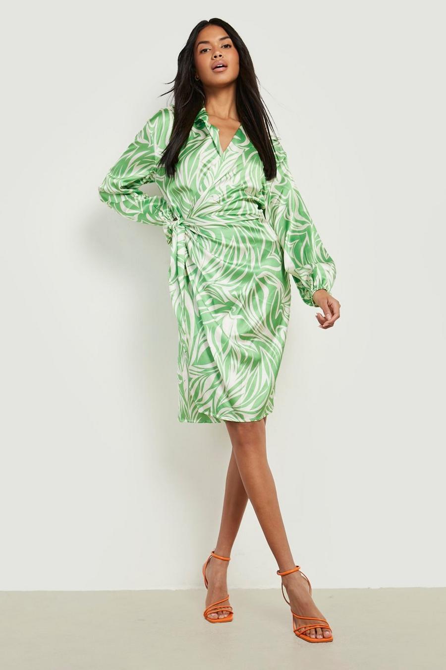 Green grön Printed Satin Wrap Midi Dress
