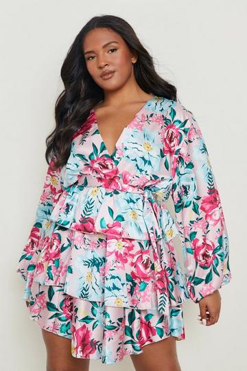 Plus Floral Satin Ruffle Belted Skater Dress blue