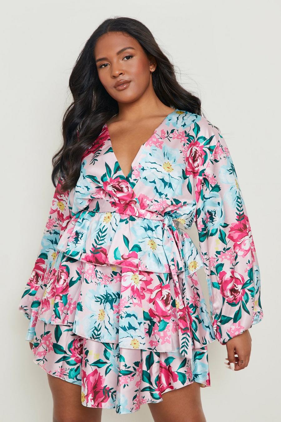 Plus Floral Satin Ruffle Belted Skater Dress | boohoo