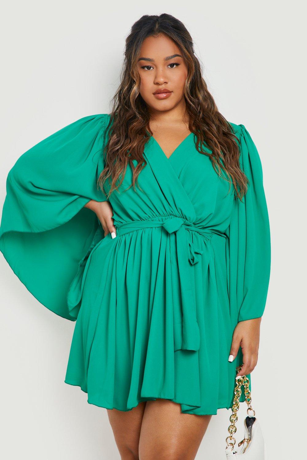 Green wrap dress long on sale sleeve