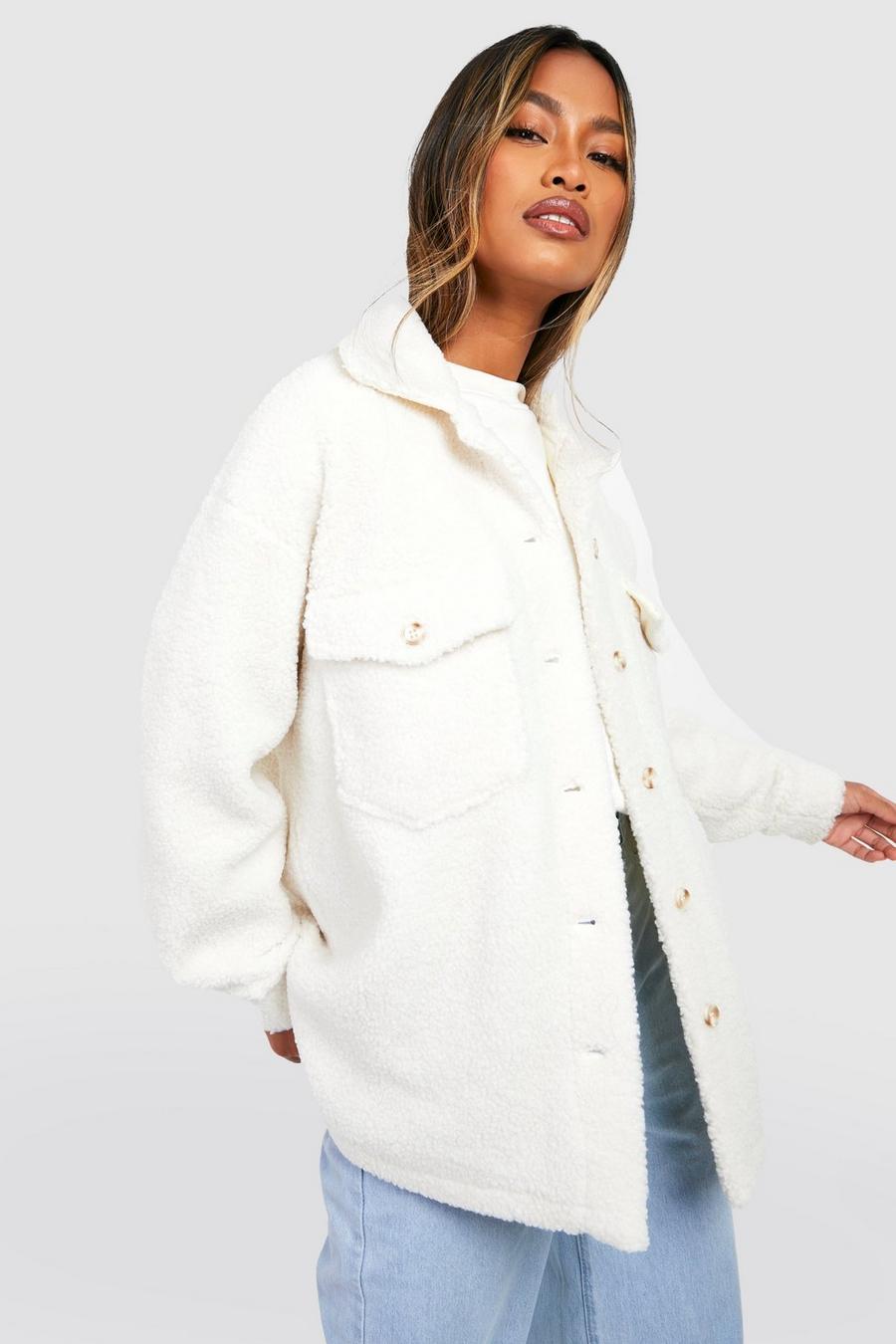 Camisa chaqueta de borreguito sintético suave, Cream bianco
