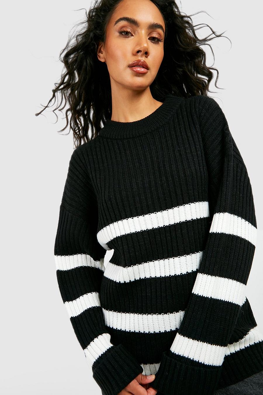 Maglione squadrato in maglia a righe, Black