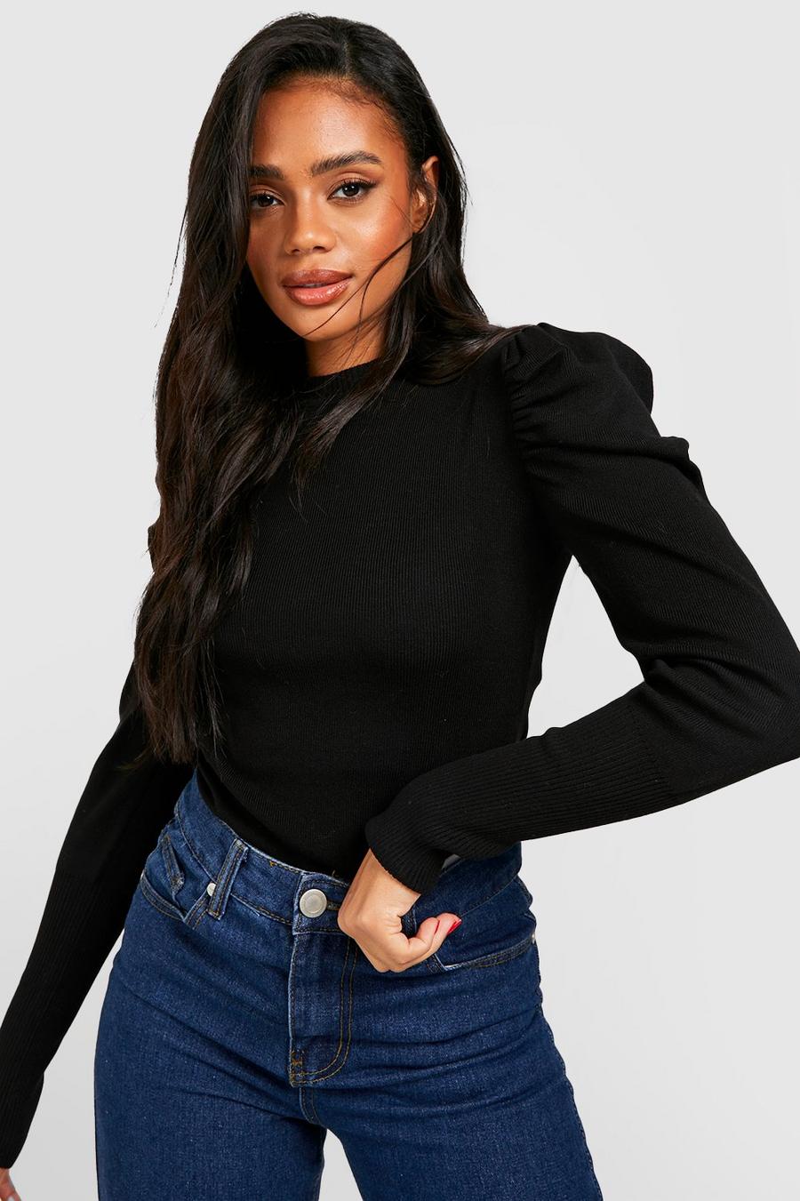 Black Puff Sleeve Crew Neck Knitted Bodysuit image number 1