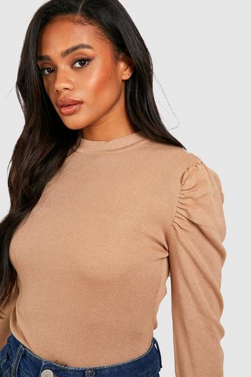 Puff Sleeve Crew Neck Knitted Bodysuit camel