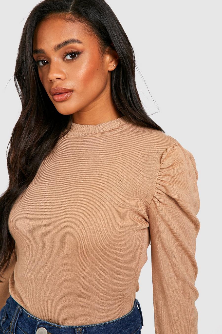 Camel Puff Sleeve Crew Neck Knitted Bodysuit image number 1