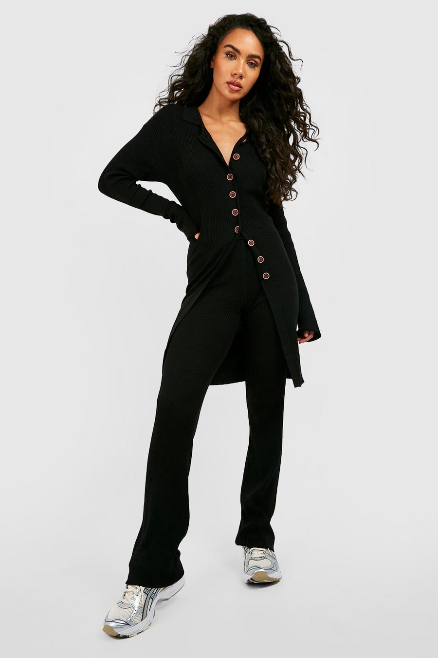 Black Long Cardigan And Wide Leg Knitted Set