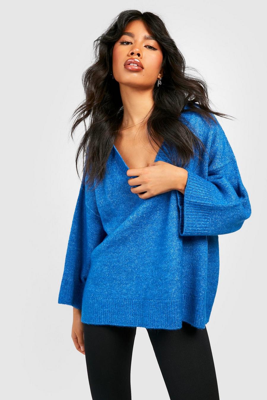 Cobalt Slouchy Wide Sleeve V Neck Sweater image number 1