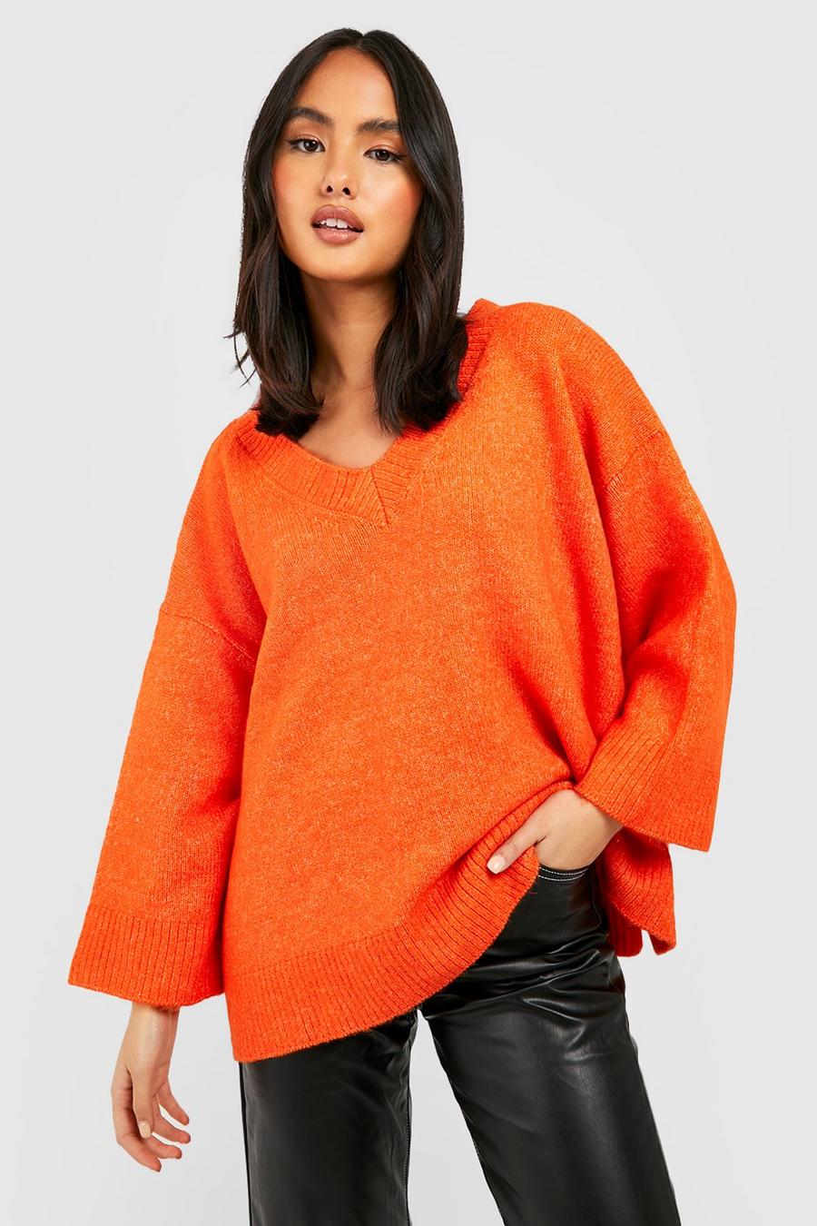 Orange Slouchy Wide Sleeve V Neck Sweater image number 1