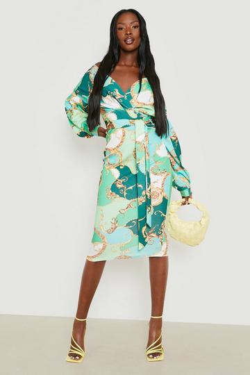 Chain Printed Off The Shoulder Midi Dress green