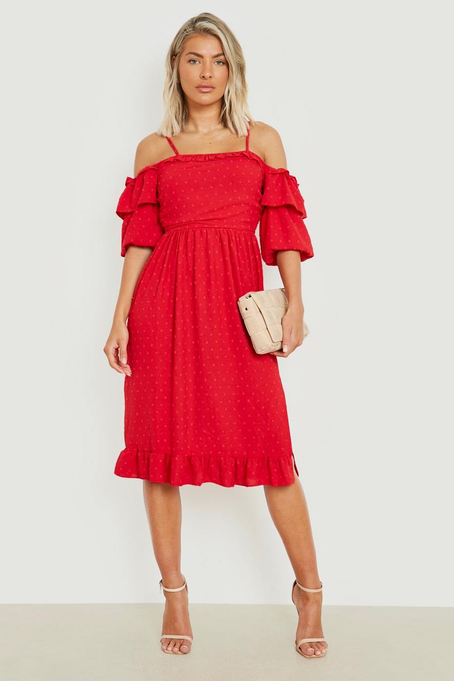 Red Dobby Ruffle Off The Shoulder Midi Dress image number 1