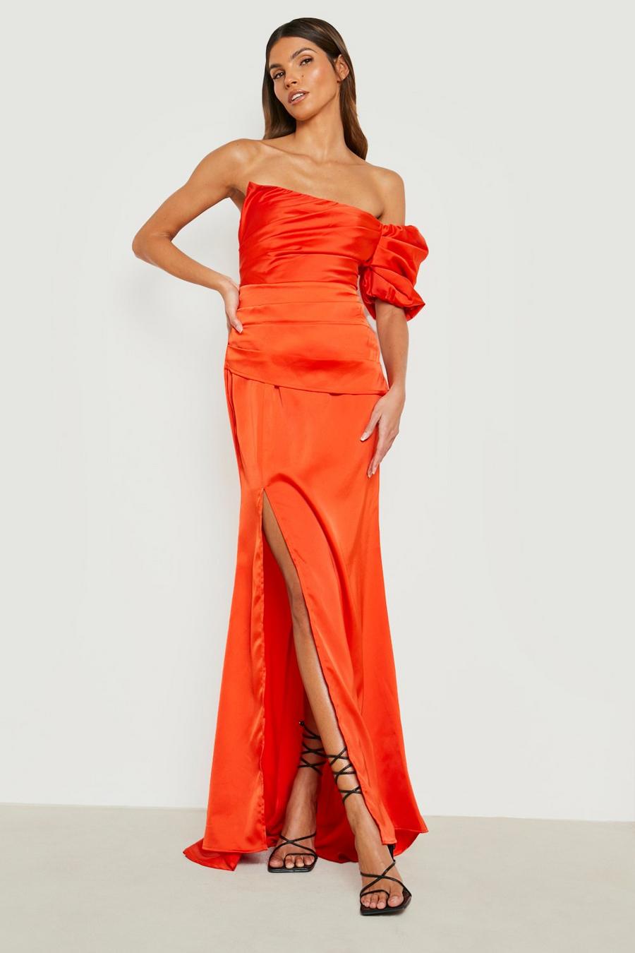 Rust Puff Sleeve Satin One Shoulder Maxi Dress  image number 1