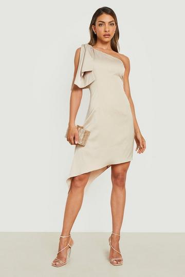 Champagne Beige One Shoulder Bow Detail Occasion Midi Dress