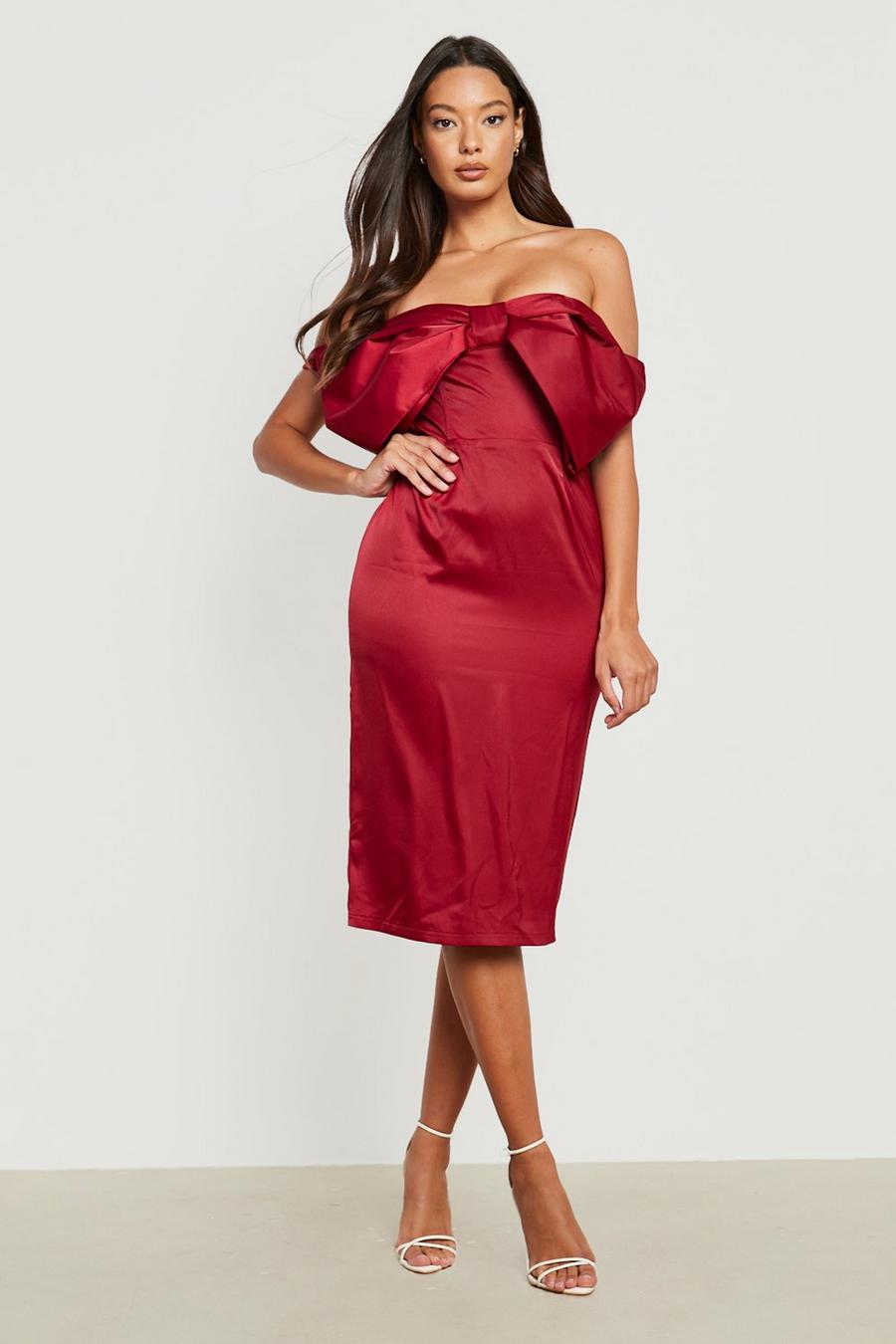Wine red Off The Shoulder Bow Satin Midi Dress