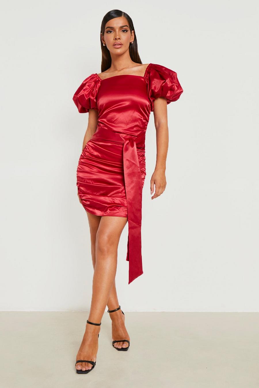 Berry red Puff Sleeve Satin Ruched Detail Dress image number 1