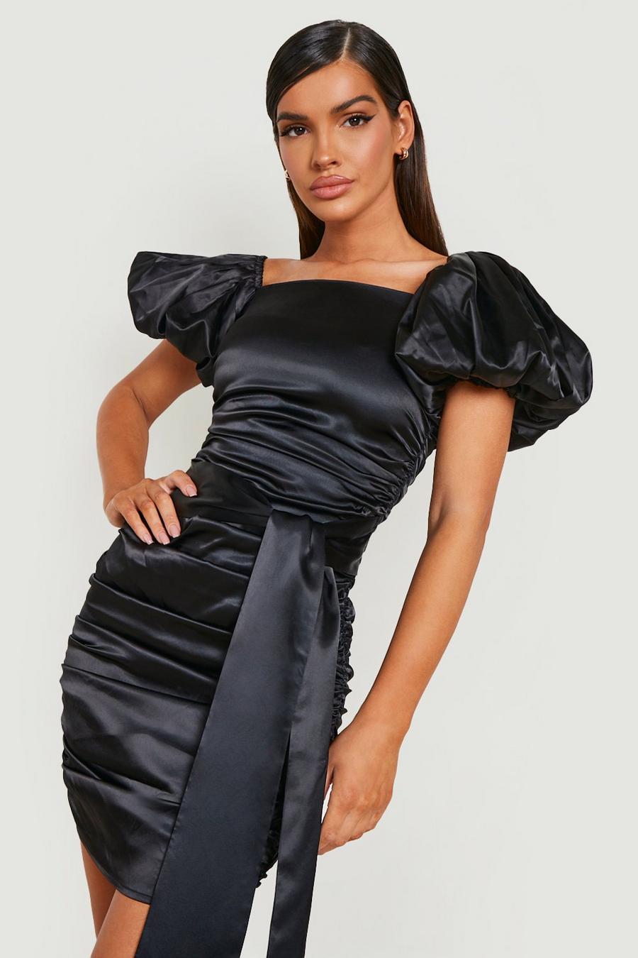 Black Puff Sleeve Satin Ruched Detail Dress