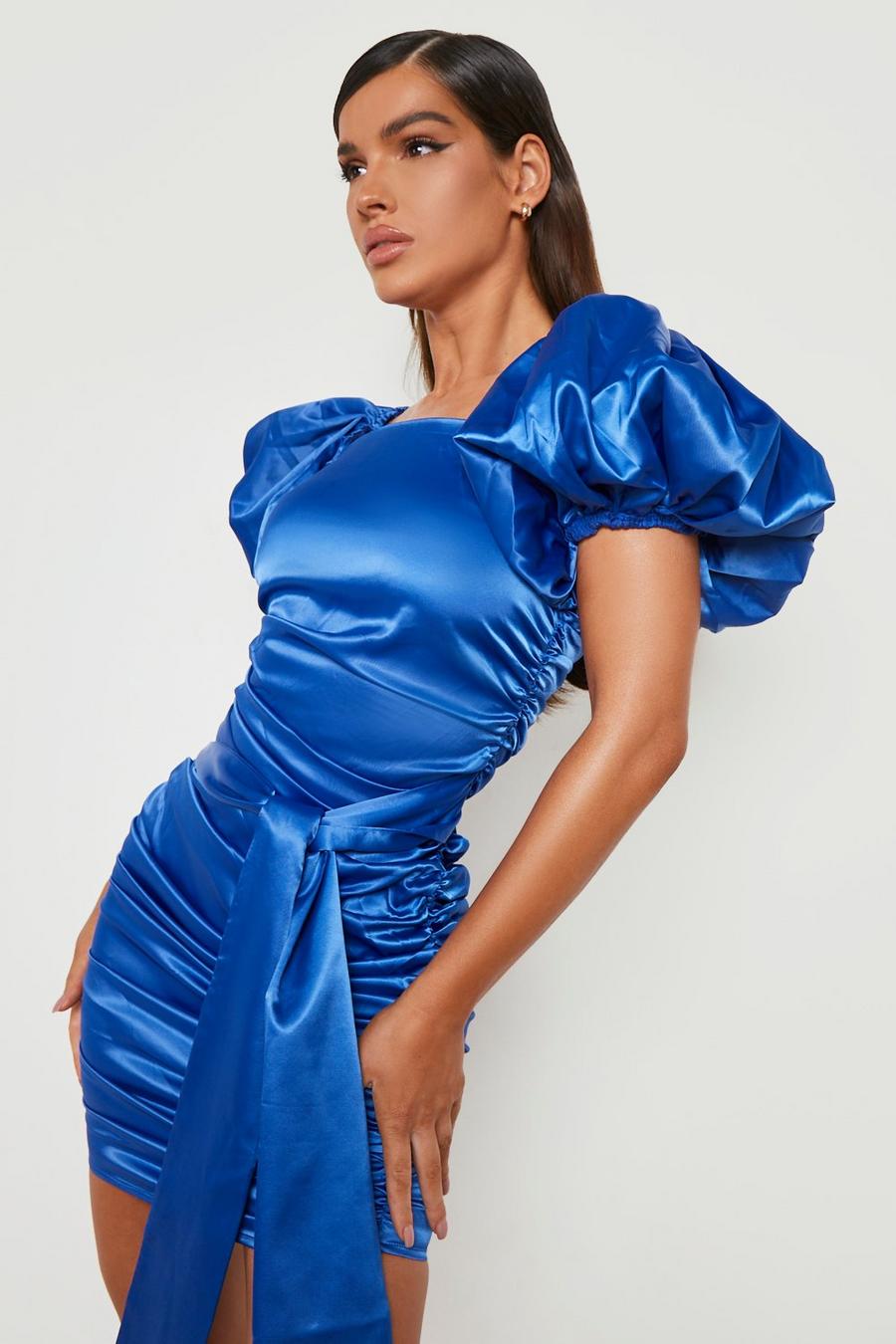 Blue bleu Puff Sleeve Satin Ruched Detail Dress