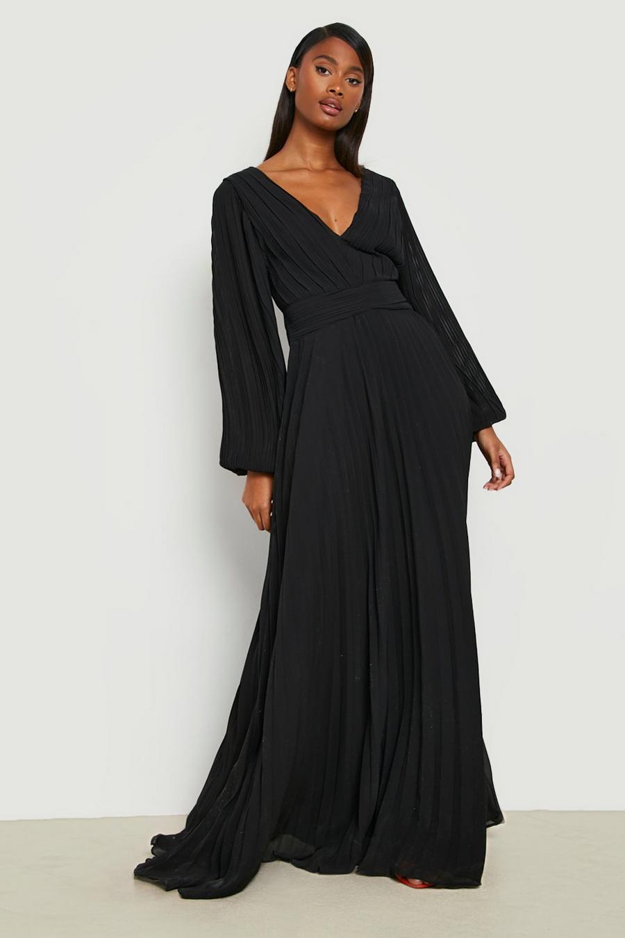 Black Pleated Chiffon Plunge Maxi Dress