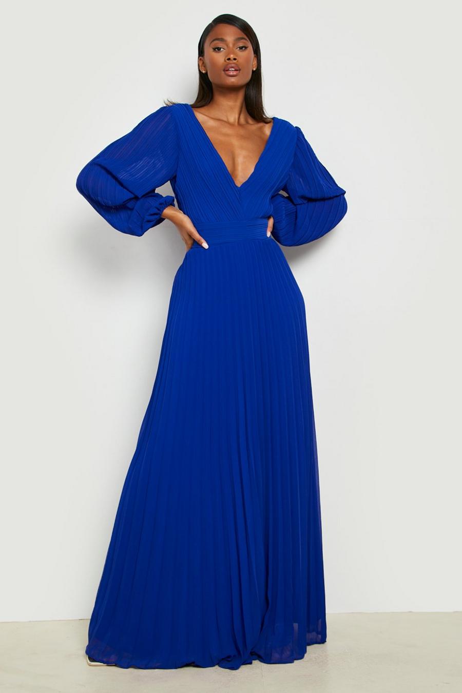 Cobalt blue Pleated Chiffon Plunge Maxi Dress