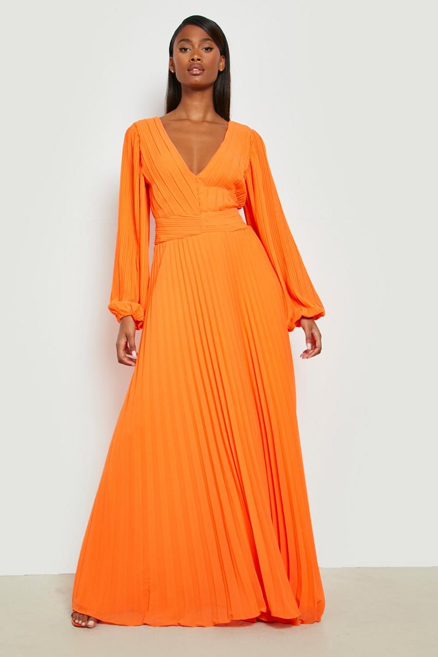 Orange Pleated Chiffon Plunge Maxi Dress