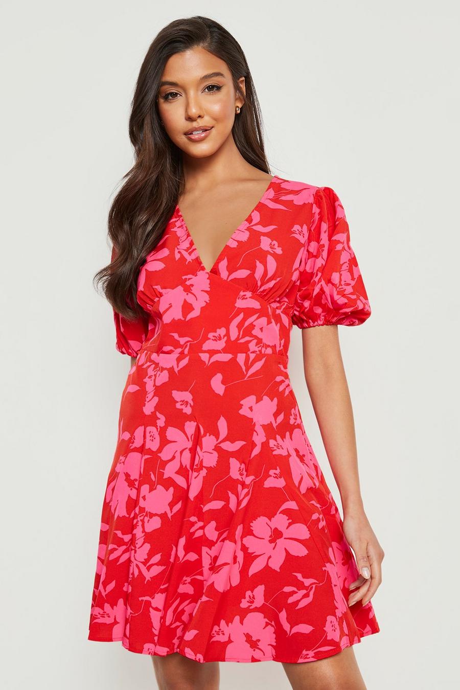 Red Floral Chiffon Puff Sleeve Skater Dress