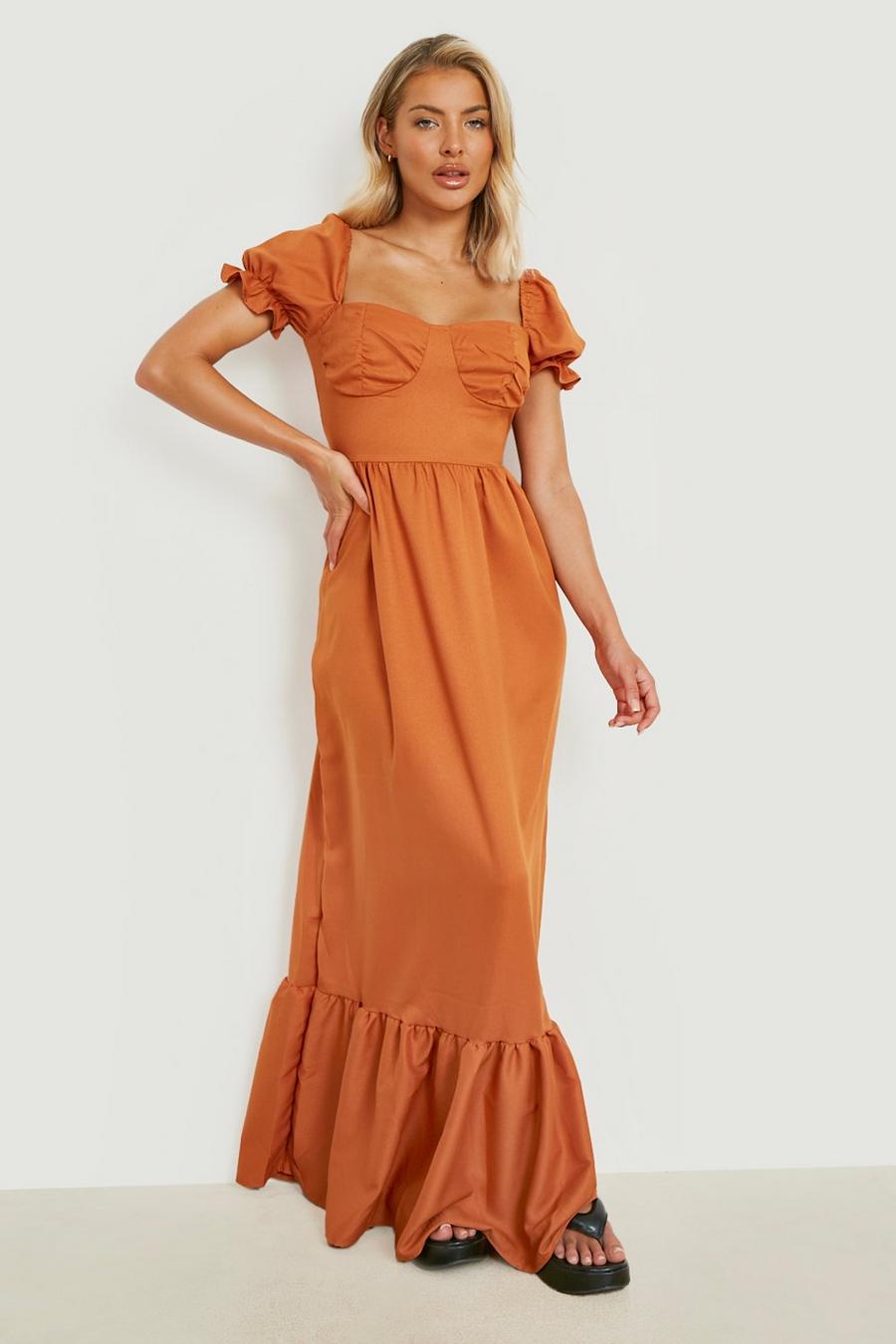 Rust Woven Tiered Sweetheart Maxi Dress  image number 1