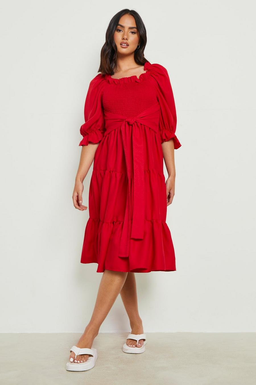 Berry red Puff Sleeve Woven Tiered Midi Dress