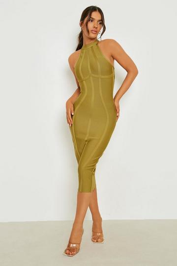 Bandage High Neck Midi Dress khaki