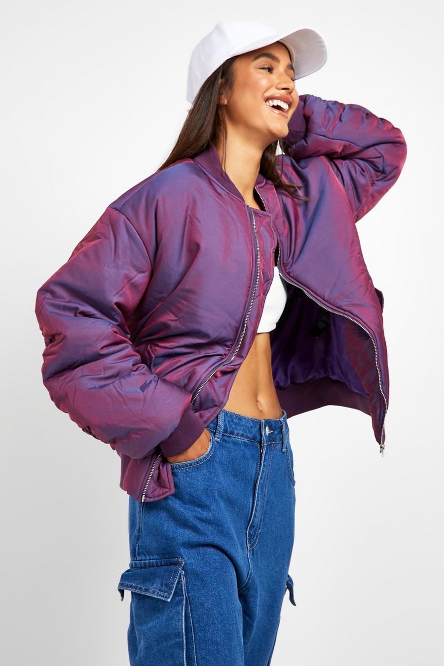 Purple Two Tone Ruched Sleeve Bomber Jacket image number 1