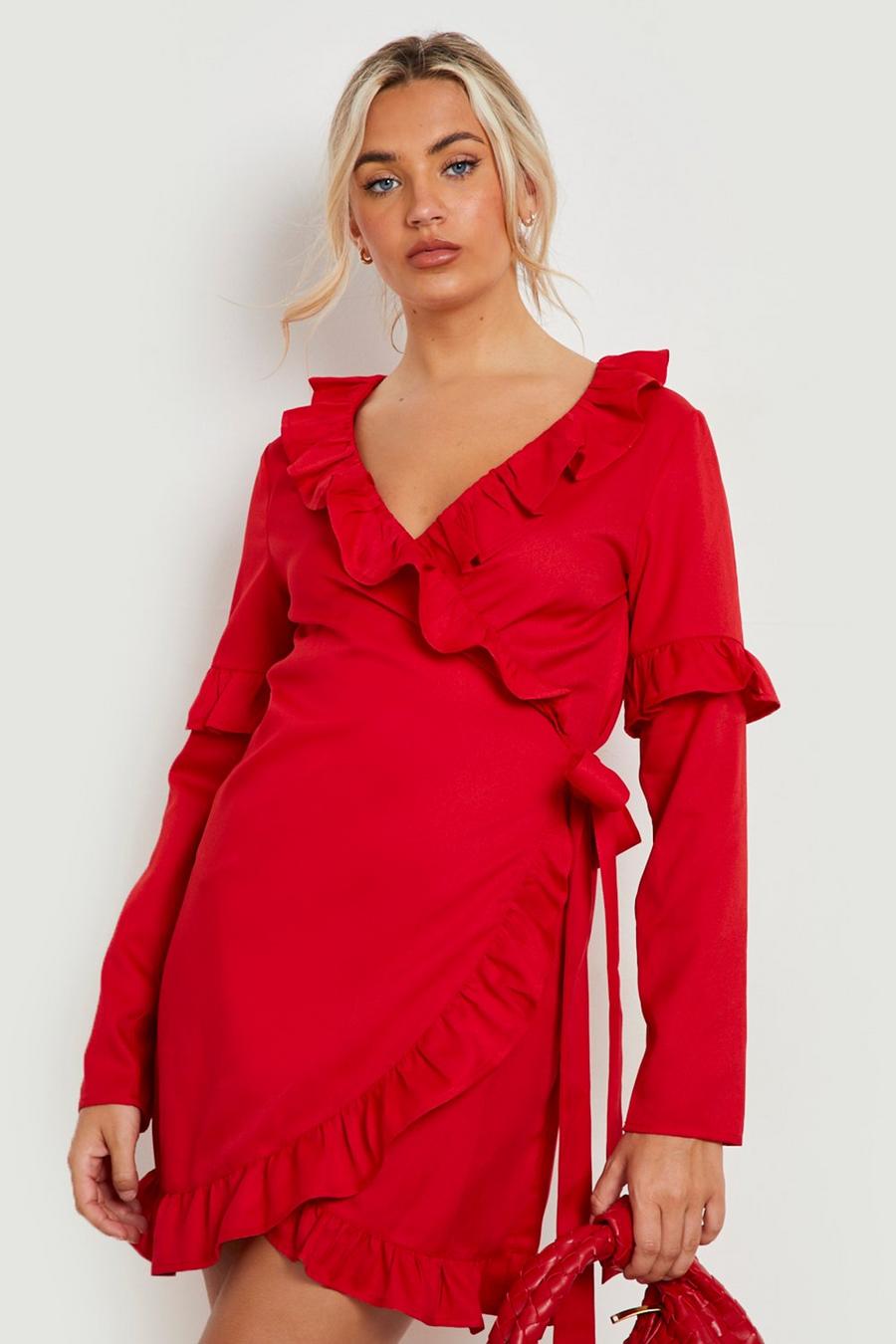 Red Woven Ruffle Wrap Skater Dress image number 1