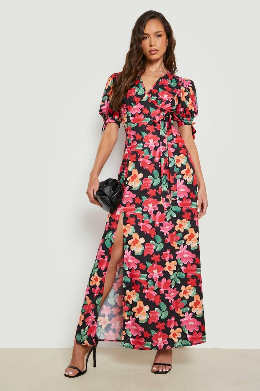 Red Floral Puff Sleeve Wrap Maxi Dress image number 1