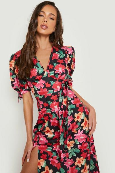boohoo red Floral Puff Sleeve Wrap Maxi Dress