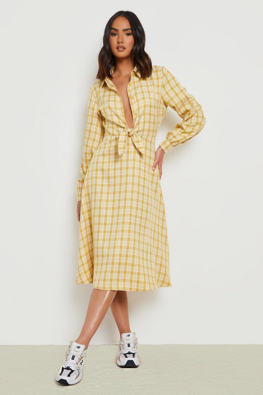 Mustard Check Tie Front Midi Shirt Dress image number 1