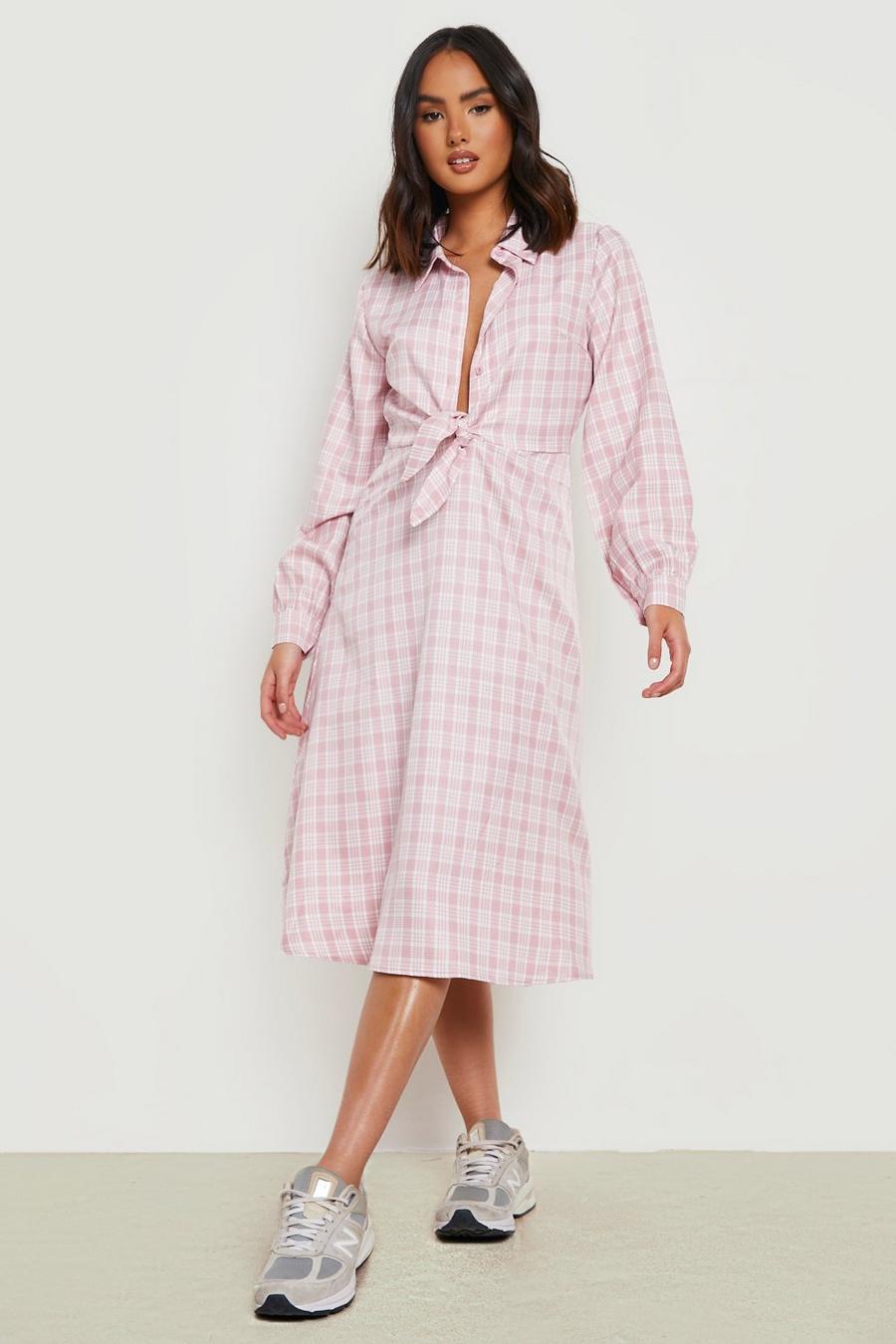 Pink Check Tie Front Midi Shirt Dress image number 1