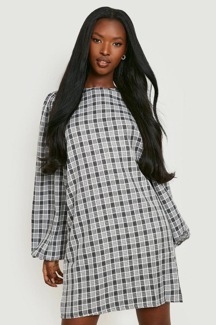 Black Check Puff Sleeve Shift Dress image number 1