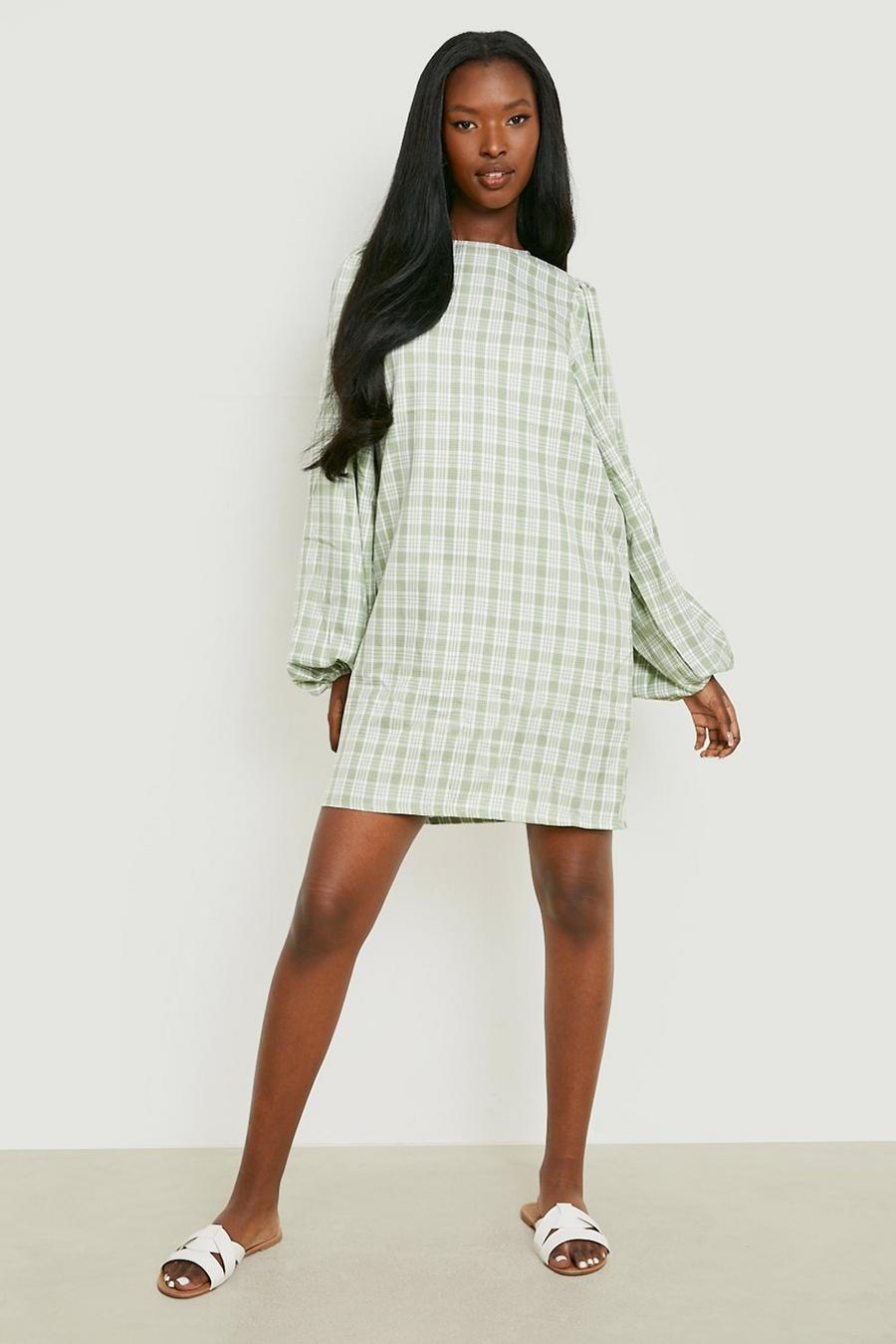 Green Flannel Puff Sleeve Shift Dress image number 1