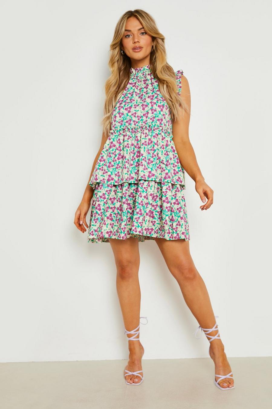 Berry Floral Ruffle Smock Dress image number 1