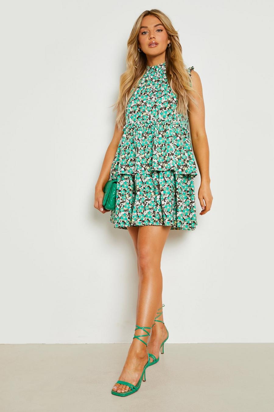 Green Floral Ruffle Smock Dress image number 1