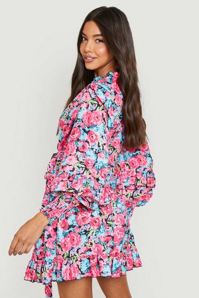 boohoo blue Printed Ruffle Tie Front Skater Dress
