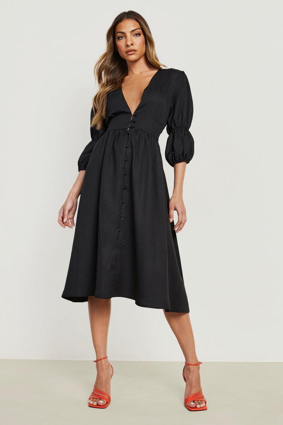 Black Ruched Sleeve Button Midi Dress  image number 1