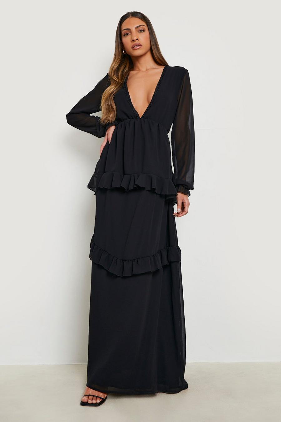 Black Ruffle Tiered Long Sleeve Maxi Dress image number 1