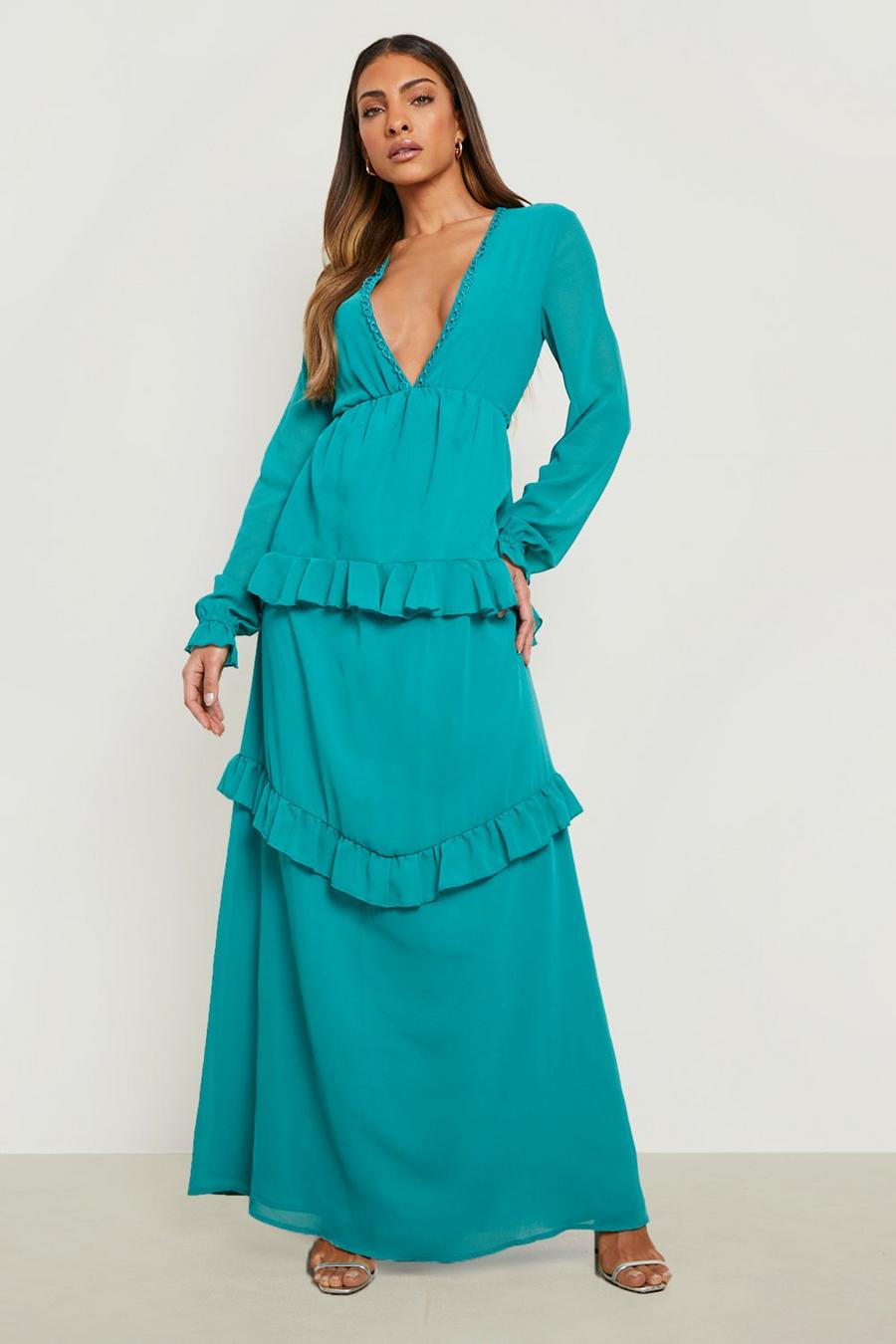 Teal Ruffle Tiered Long Sleeve Maxi Dress image number 1