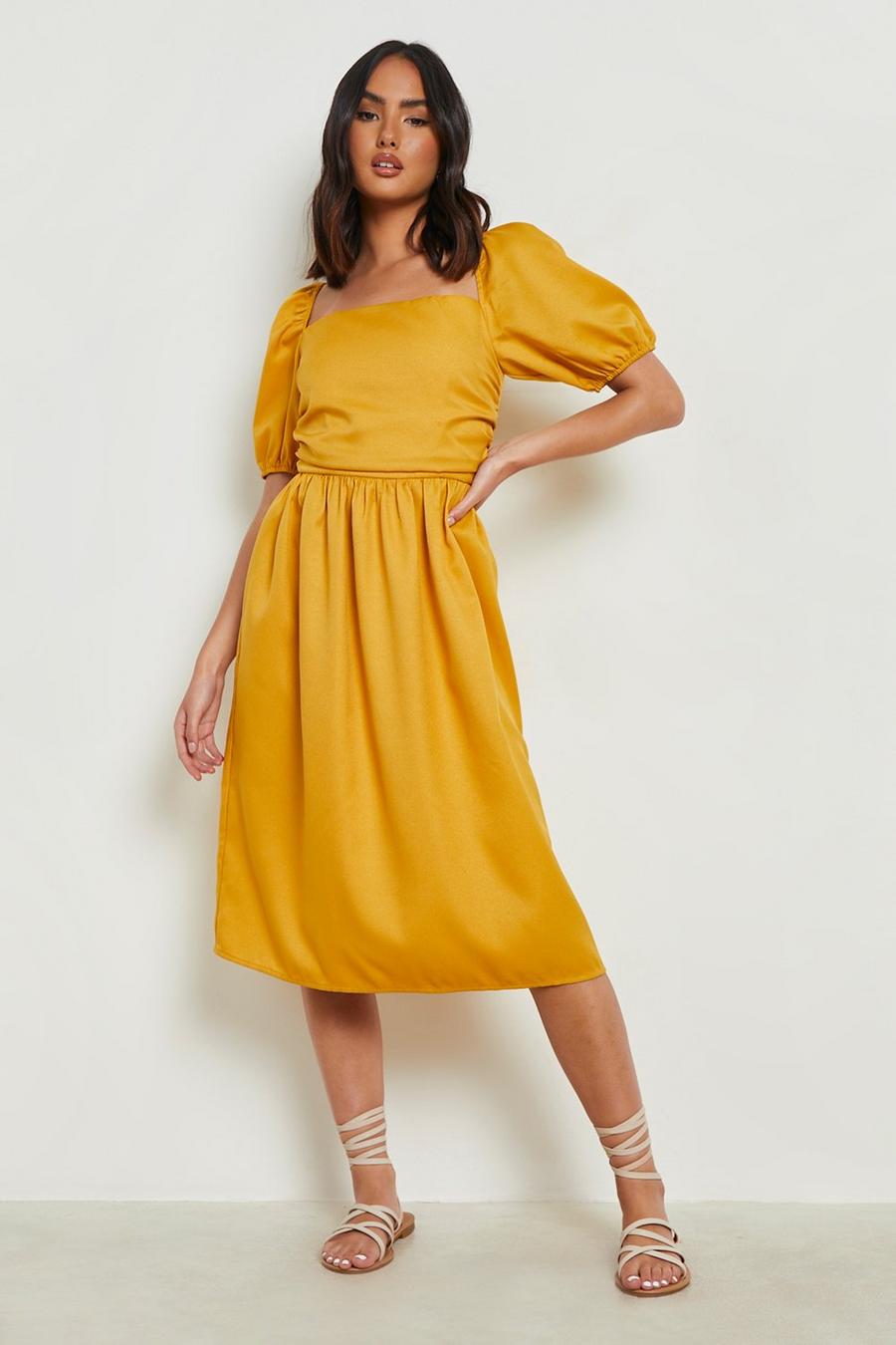 Mustard yellow Puff Sleeve Square Neck Midi Dress 