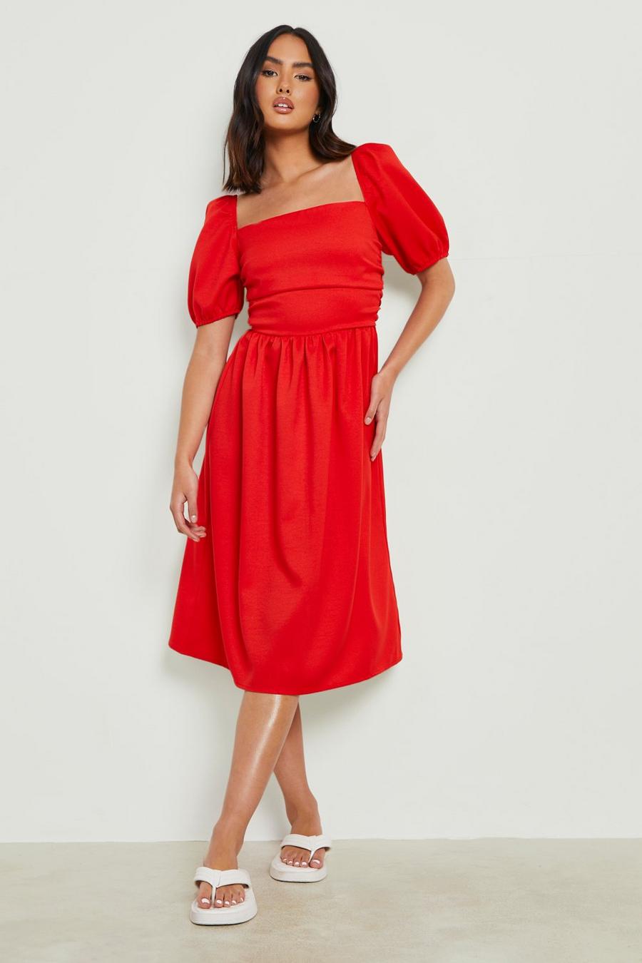 Red Puff Sleeve Square Neck Midi Dress 