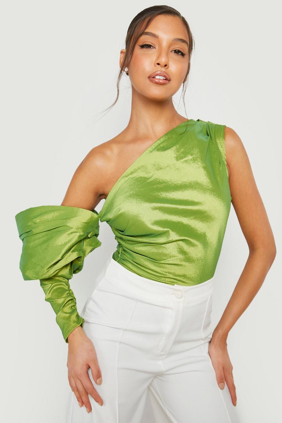 Lime green One Shoulder Puff Sleeve Bodysuit